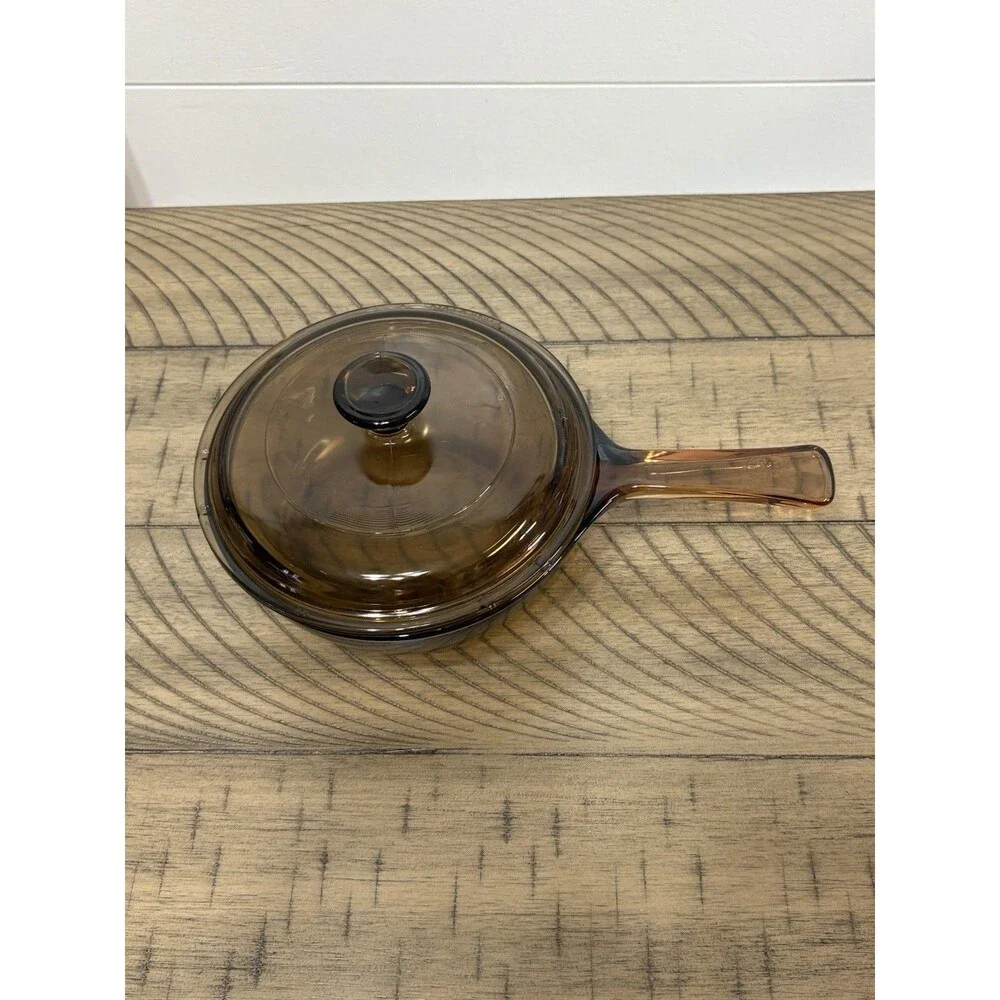 Corning Visions Small Skillet  Amber & Lid .5 L Capacity USA Vintage VTG